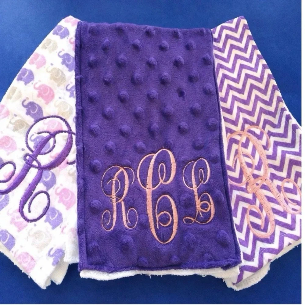 Purple and Pink Monogrammed Baby Burp ClothSet Made to order Elephants